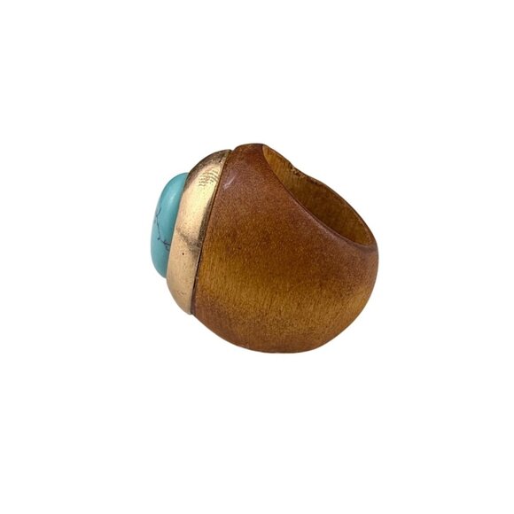 Wooden Statement Ring With Turquoise Stone Accent - Picture 2 of 5